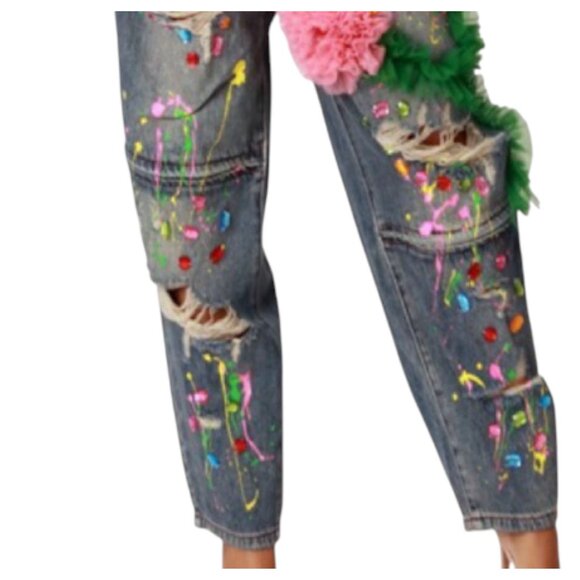 3D Floral Embellished Distressed Jeans Women's Denim Paint Splatter Ripped Y2K - Picture 6 of 11